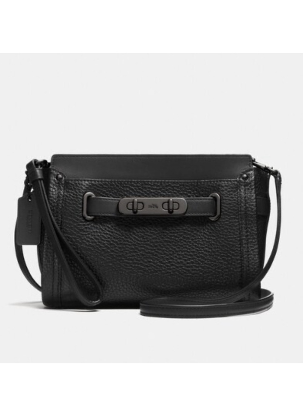 Coach Swagger Wristlet, Black Pebbled Leather